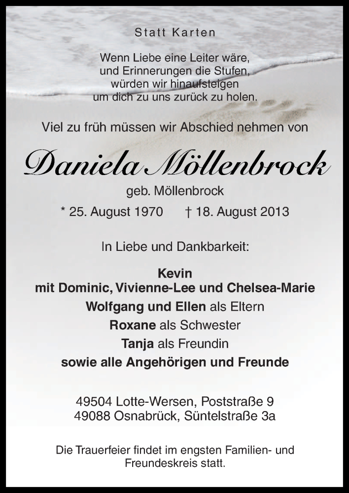  Traueranzeige für Daniela Möllenbrock vom 21.08.2013 aus Neue Osnabrücker Zeitung GmbH & Co. KG