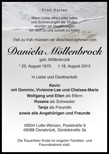 Traueranzeige von Daniela Möllenbrock von Neue Osnabrücker Zeitung GmbH & Co. KG