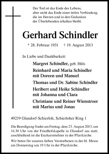 Traueranzeige von Gerhard Schindler von Neue Osnabrücker Zeitung GmbH & Co. KG