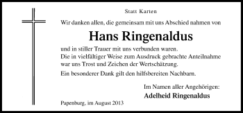 Traueranzeige von Hans Ringenaldus von Neue Osnabrücker Zeitung GmbH & Co. KG