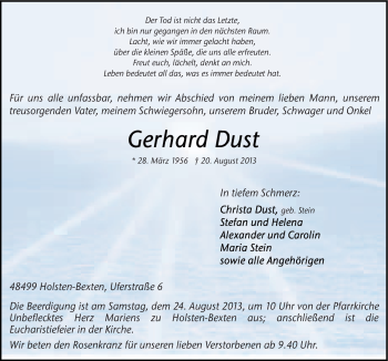 Traueranzeige von Gerhard Dust von Neue Osnabrücker Zeitung GmbH & Co. KG
