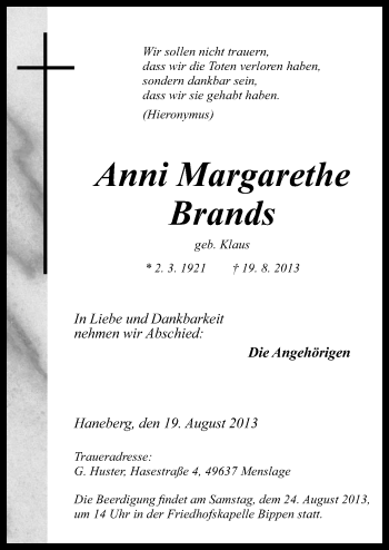 Traueranzeige von Anni Margarethe Brands von Neue Osnabrücker Zeitung GmbH & Co. KG