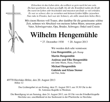 Traueranzeige von Wilhelm Hengemühle von Neue Osnabrücker Zeitung GmbH & Co. KG