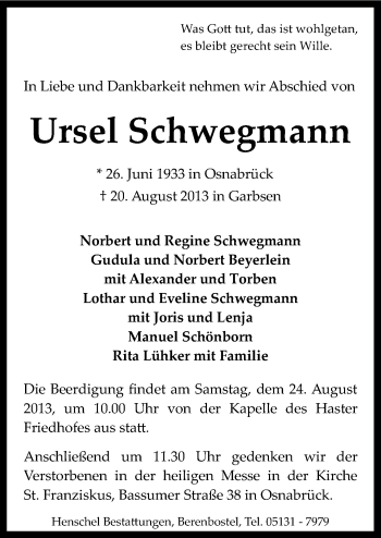 Traueranzeige von Ursel Schwegmann von Neue Osnabrücker Zeitung GmbH & Co. KG