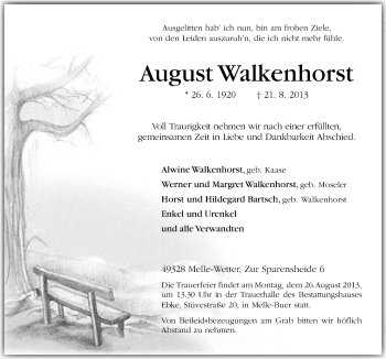 Traueranzeige von August Walkenhorst von Neue Osnabrücker Zeitung GmbH & Co. KG