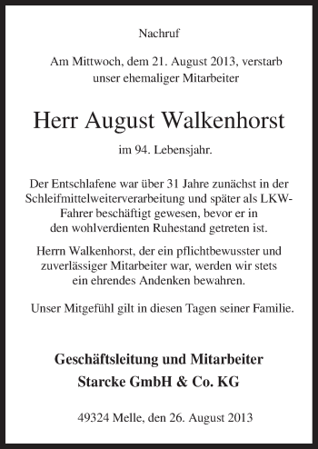 Traueranzeige von August Walkenhorst von Neue Osnabrücker Zeitung GmbH & Co. KG