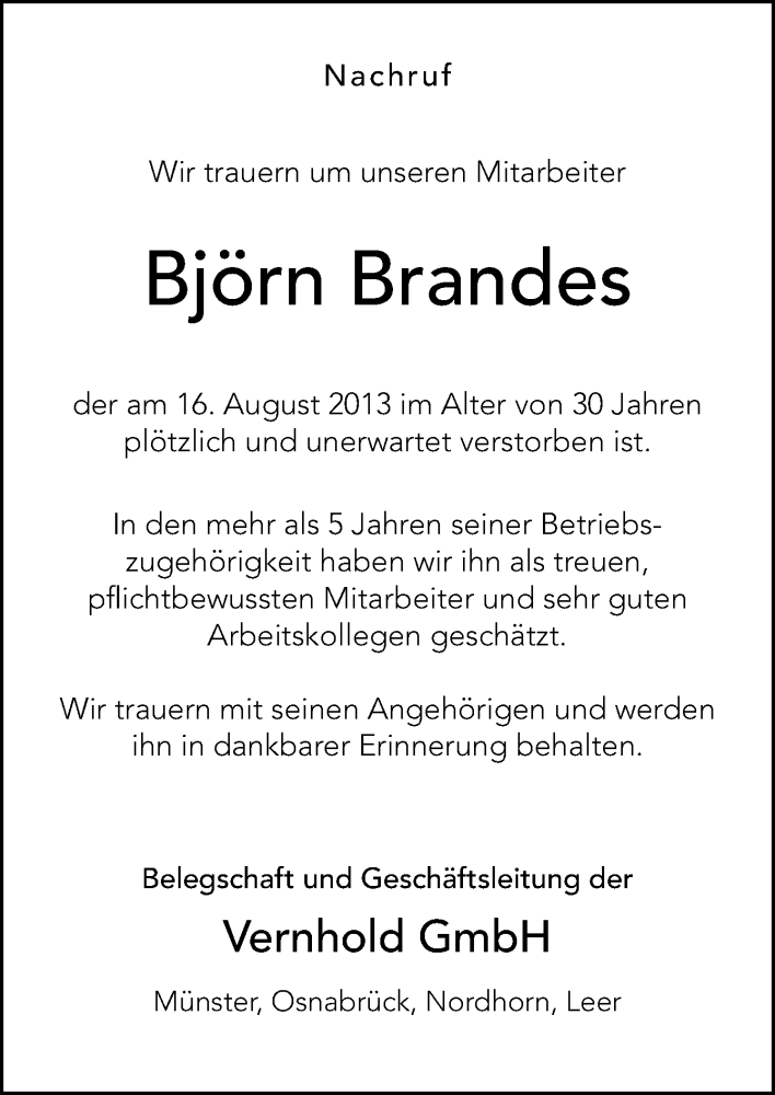  Traueranzeige für Björn Brandes vom 24.08.2013 aus Neue Osnabrücker Zeitung GmbH & Co. KG