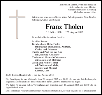 Traueranzeige von Franz Tholen von Neue Osnabrücker Zeitung GmbH & Co. KG