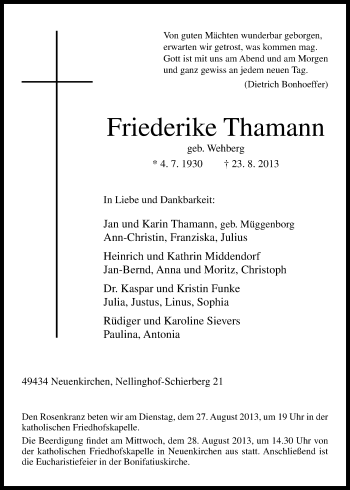 Traueranzeige von Friederike Thamann von Neue Osnabrücker Zeitung GmbH & Co. KG