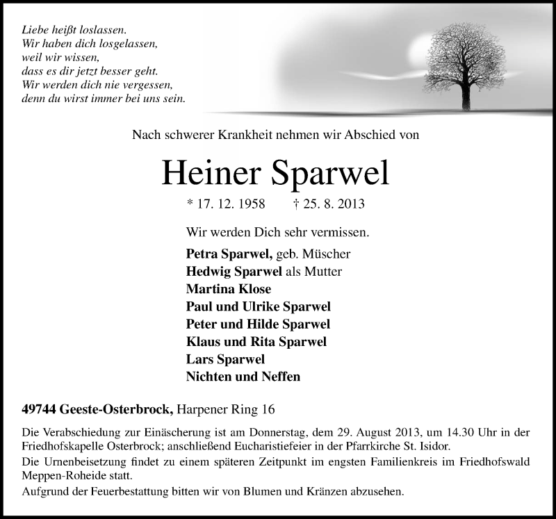  Traueranzeige für Heiner Sparwel vom 27.08.2013 aus Neue Osnabrücker Zeitung GmbH & Co. KG