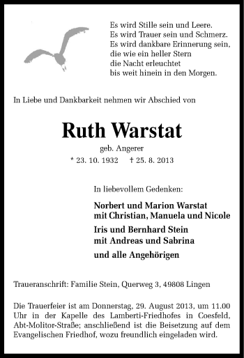 Traueranzeige von Ruth Warstat von Neue Osnabrücker Zeitung GmbH & Co. KG