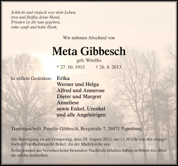 Traueranzeige von Meta Gibbesch von Neue Osnabrücker Zeitung GmbH & Co. KG