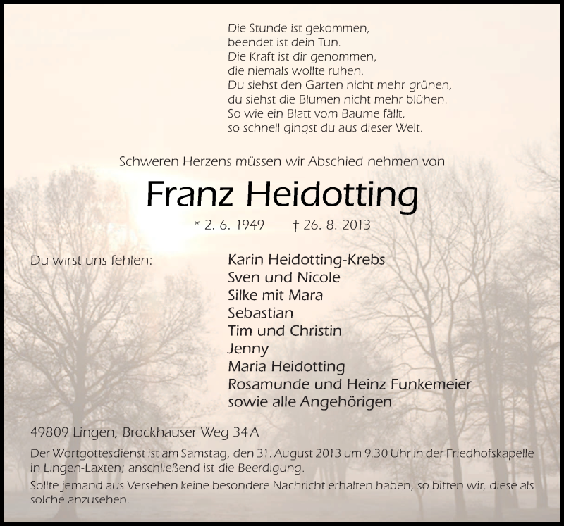  Traueranzeige für Franz Heidotting vom 28.08.2013 aus Neue Osnabrücker Zeitung GmbH & Co. KG