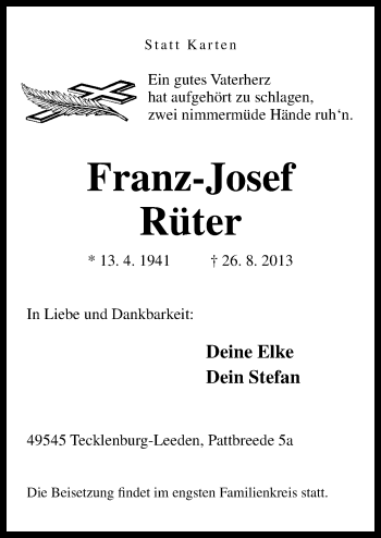 Traueranzeige von Franz-Josef Rüter von Neue Osnabrücker Zeitung GmbH & Co. KG