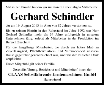 Traueranzeige von Gerhard Schindler von Neue Osnabrücker Zeitung GmbH & Co. KG