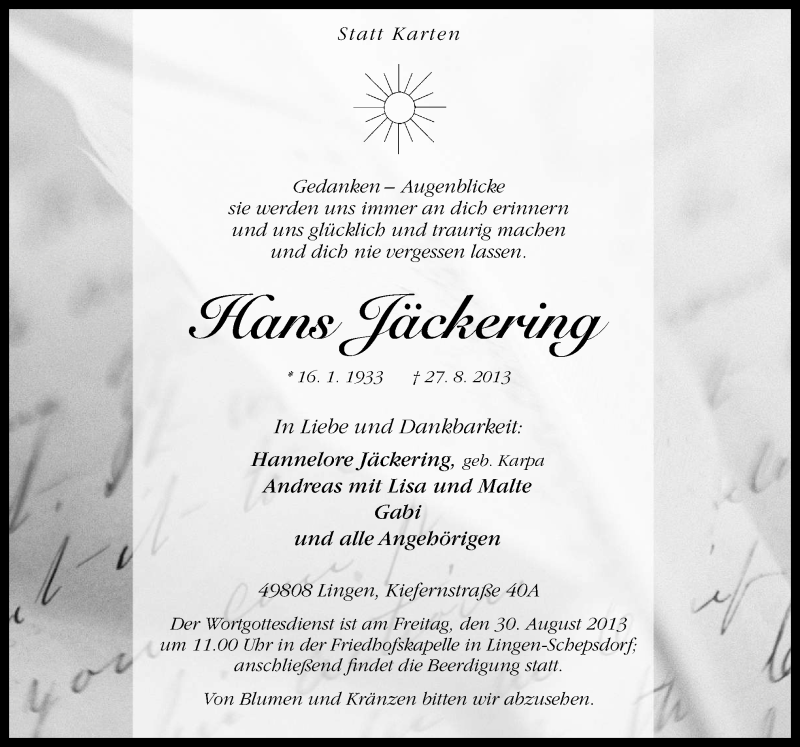  Traueranzeige für Hans Jäckering vom 29.08.2013 aus Neue Osnabrücker Zeitung GmbH & Co. KG