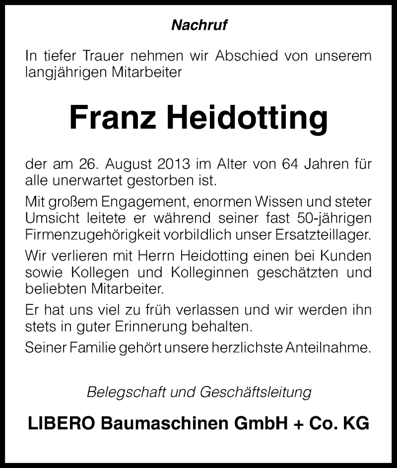  Traueranzeige für Franz Heidotting vom 29.08.2013 aus Neue Osnabrücker Zeitung GmbH & Co. KG