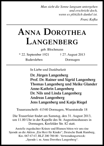 Traueranzeige von Anna Dorothea Langenberg von Neue Osnabrücker Zeitung GmbH & Co. KG