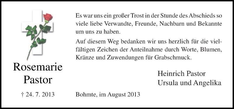  Traueranzeige für Rosemarie Pastor vom 31.08.2013 aus Neue Osnabrücker Zeitung GmbH & Co. KG