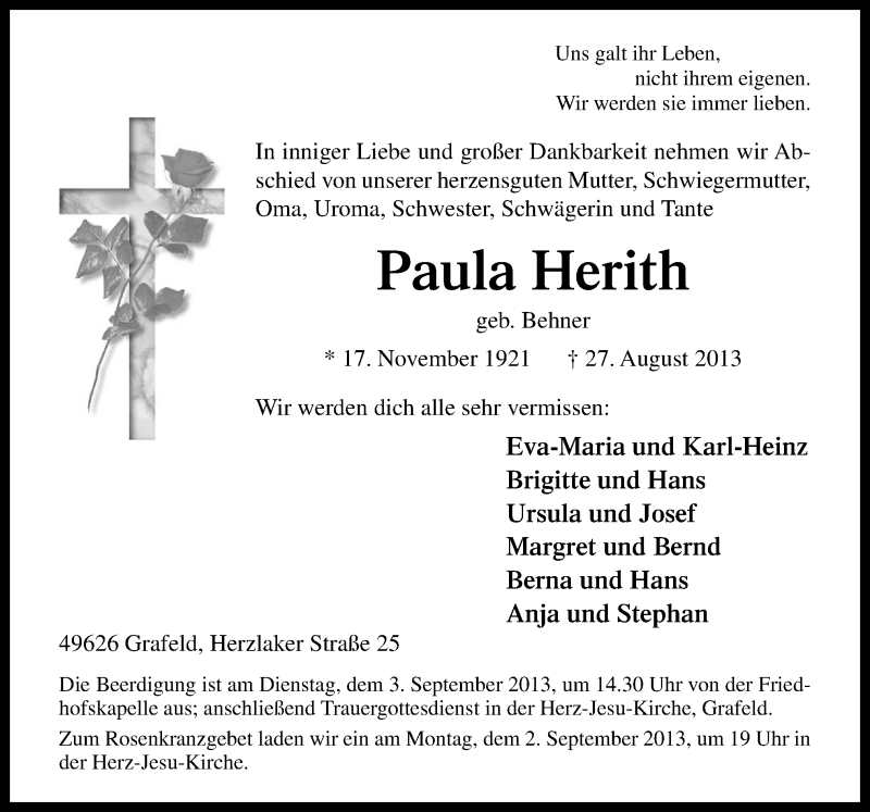  Traueranzeige für Paula Herith vom 29.08.2013 aus Neue Osnabrücker Zeitung GmbH & Co. KG