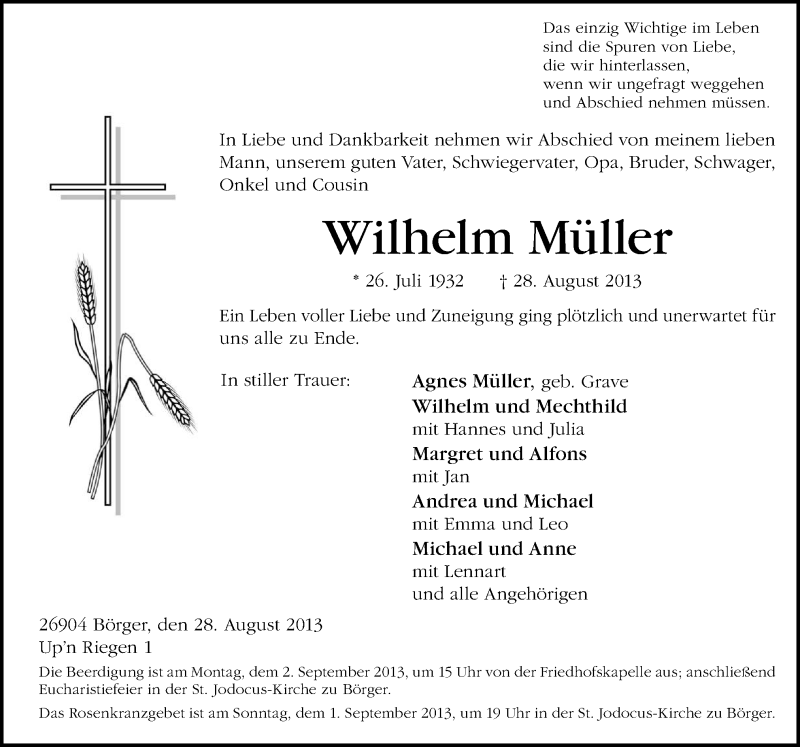  Traueranzeige für Wilhelm Müller vom 31.08.2013 aus Neue Osnabrücker Zeitung GmbH & Co. KG