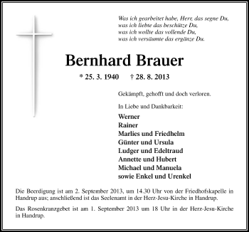 Traueranzeige von Bernhard Brauer von Neue Osnabrücker Zeitung GmbH & Co. KG