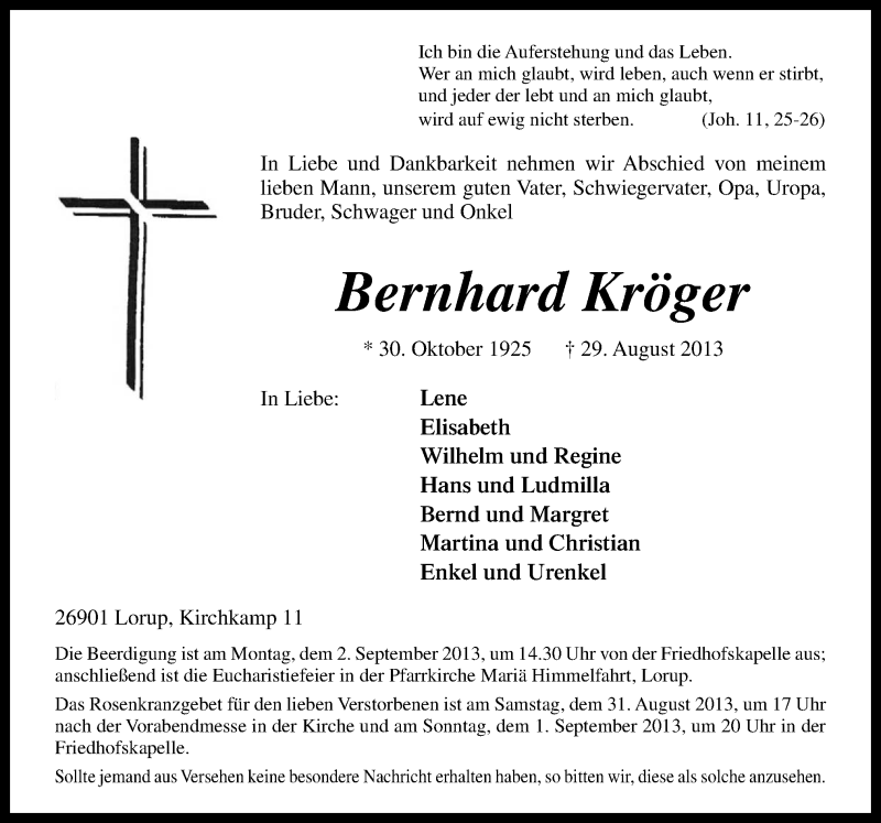  Traueranzeige für Bernhard Kröger vom 31.08.2013 aus Neue Osnabrücker Zeitung GmbH & Co. KG