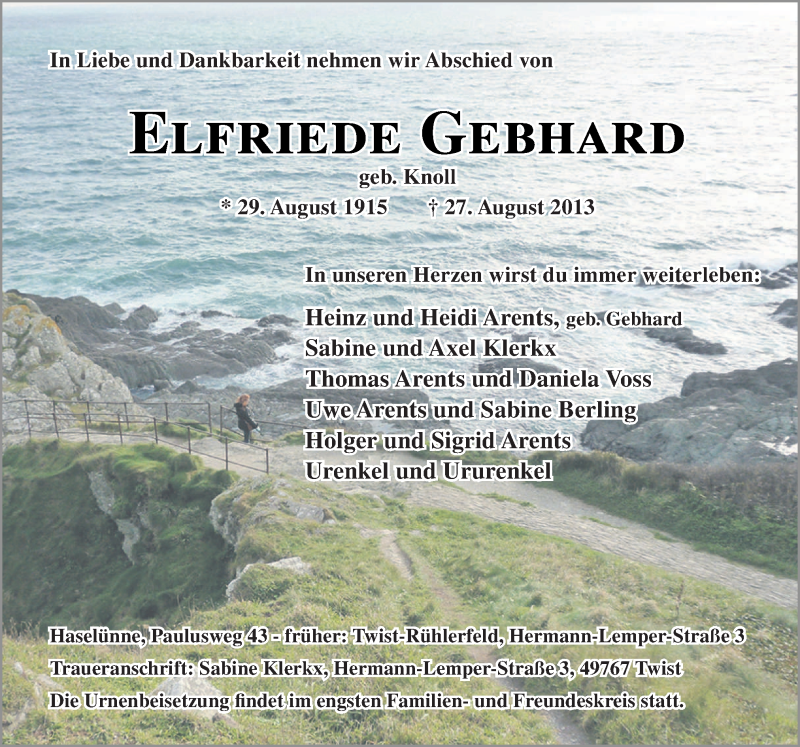  Traueranzeige für Elfriede Gebhard vom 31.08.2013 aus Neue Osnabrücker Zeitung GmbH & Co. KG
