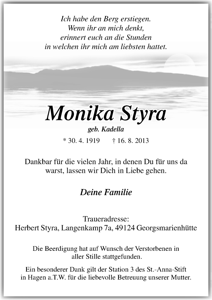  Traueranzeige für Monika Styra vom 02.09.2013 aus Neue Osnabrücker Zeitung GmbH & Co. KG