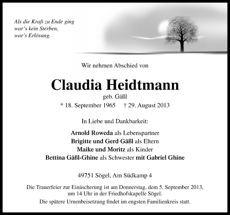  Traueranzeige für Claudia Heidtmann vom 02.09.2013 aus Neue Osnabrücker Zeitung GmbH & Co. KG