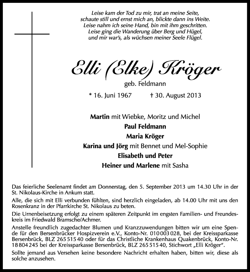  Traueranzeige für Elli Kröger vom 02.09.2013 aus Neue Osnabrücker Zeitung GmbH & Co. KG