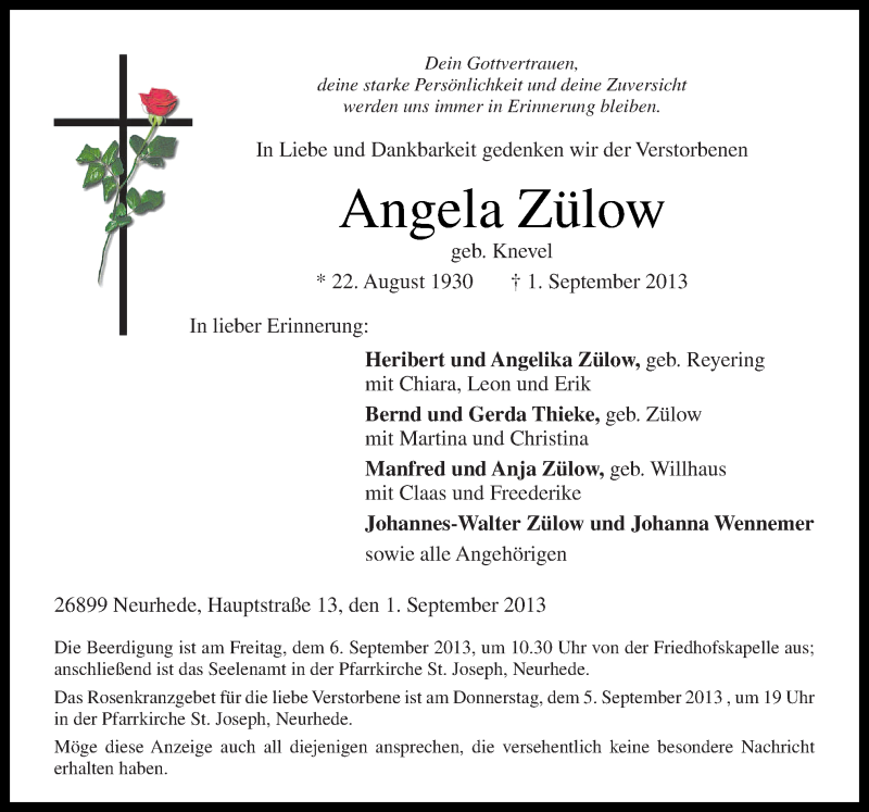  Traueranzeige für Angela Zülow vom 03.09.2013 aus Neue Osnabrücker Zeitung GmbH & Co. KG