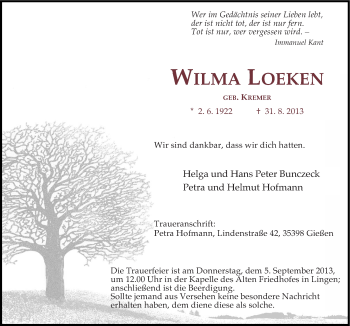 Traueranzeige von Wilma Loeken von Neue Osnabrücker Zeitung GmbH & Co. KG