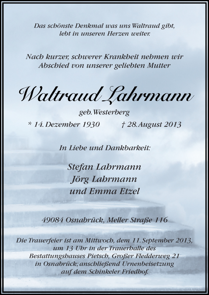  Traueranzeige für Waltraud Lahrmann vom 07.09.2013 aus Neue Osnabrücker Zeitung GmbH & Co. KG