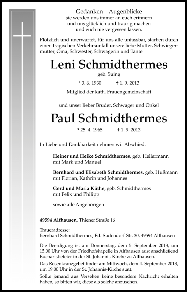  Traueranzeige für Leni Schmidthermes vom 03.09.2013 aus Neue Osnabrücker Zeitung GmbH & Co. KG
