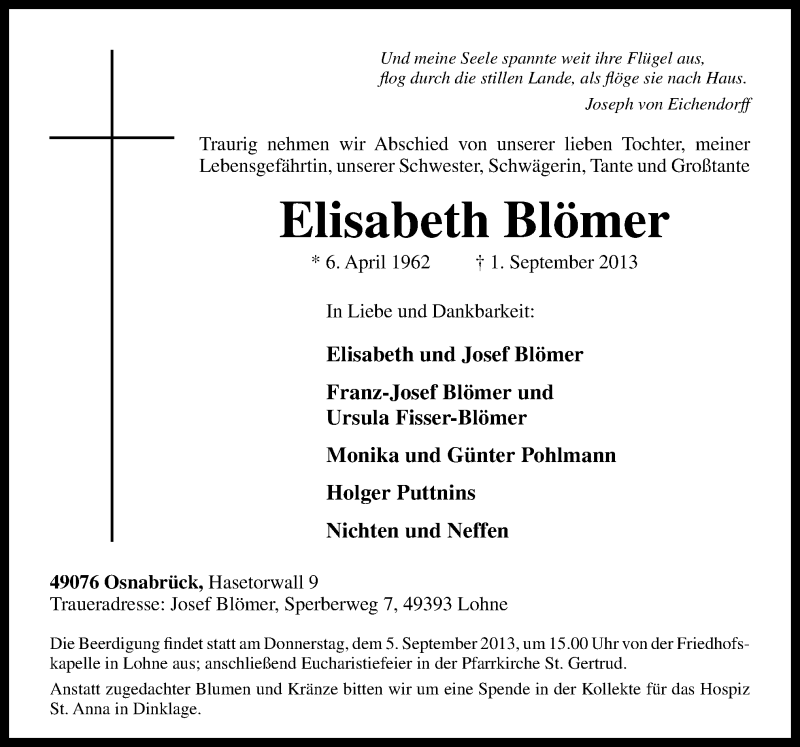  Traueranzeige für Elisabeth Blömer vom 03.09.2013 aus Neue Osnabrücker Zeitung GmbH & Co. KG