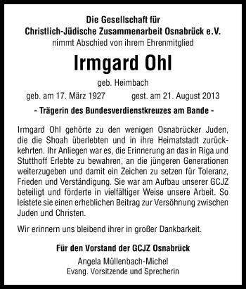 Traueranzeige von Irmgard Ohl von Neue Osnabrücker Zeitung GmbH & Co. KG