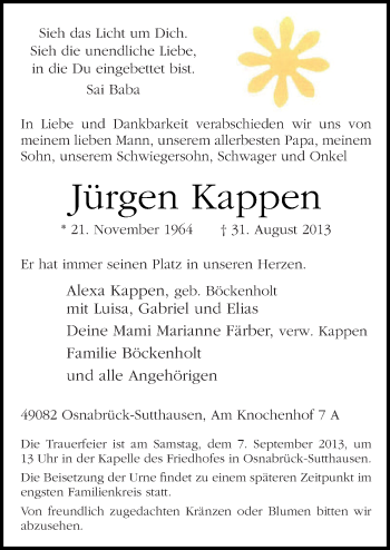 Traueranzeige von Jürgen Kappen von Neue Osnabrücker Zeitung GmbH & Co. KG