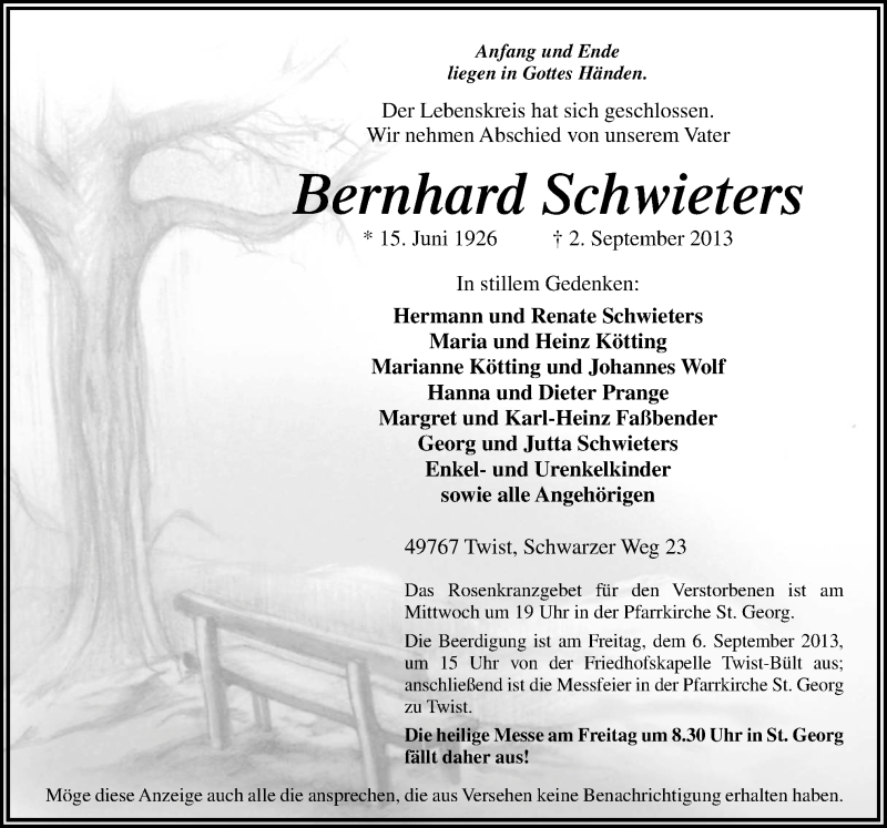  Traueranzeige für Bernhard Schwieters vom 04.09.2013 aus Neue Osnabrücker Zeitung GmbH & Co. KG