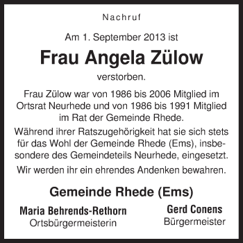 Traueranzeige von Angela Zülow von Neue Osnabrücker Zeitung GmbH & Co. KG