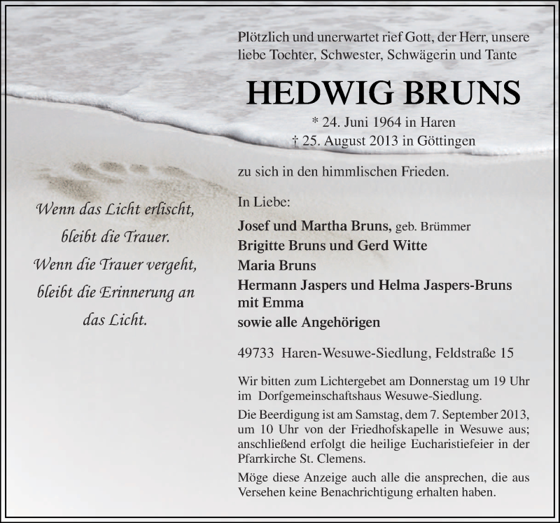  Traueranzeige für Hedwig Bruns vom 05.09.2013 aus Neue Osnabrücker Zeitung GmbH & Co. KG