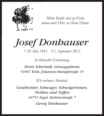 Traueranzeige von Josef Donhauser von Neue Osnabrücker Zeitung GmbH & Co. KG