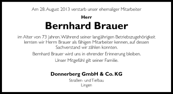 Traueranzeige von Bernhard Brauer von Neue Osnabrücker Zeitung GmbH & Co. KG