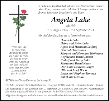 Traueranzeige von Angela Lake von Neue Osnabrücker Zeitung GmbH & Co. KG