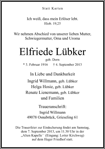 Traueranzeige von Elfriede Lübker von Neue Osnabrücker Zeitung GmbH & Co. KG