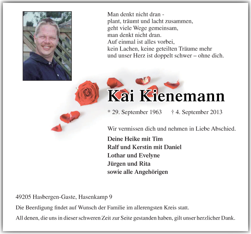  Traueranzeige für Kai Kienemann vom 07.09.2013 aus Neue Osnabrücker Zeitung GmbH & Co. KG