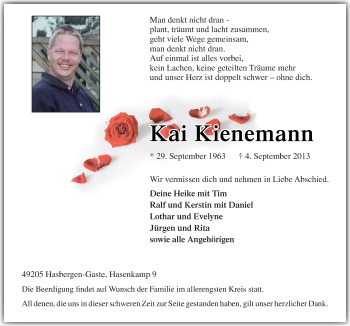 Traueranzeige von Kai Kienemann von Neue Osnabrücker Zeitung GmbH & Co. KG