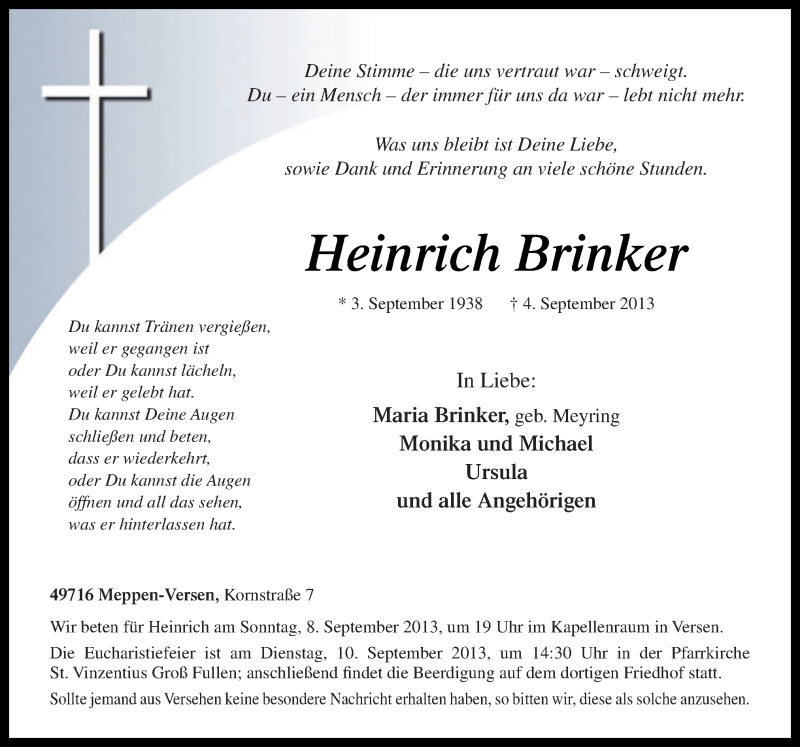  Traueranzeige für Heinrich Brinker vom 07.09.2013 aus Neue Osnabrücker Zeitung GmbH & Co. KG