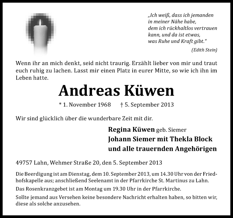  Traueranzeige für Andreas Küwen vom 07.09.2013 aus Neue Osnabrücker Zeitung GmbH & Co. KG