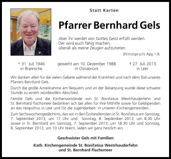 Traueranzeige von Bernhard Gels von Neue Osnabrücker Zeitung GmbH & Co. KG